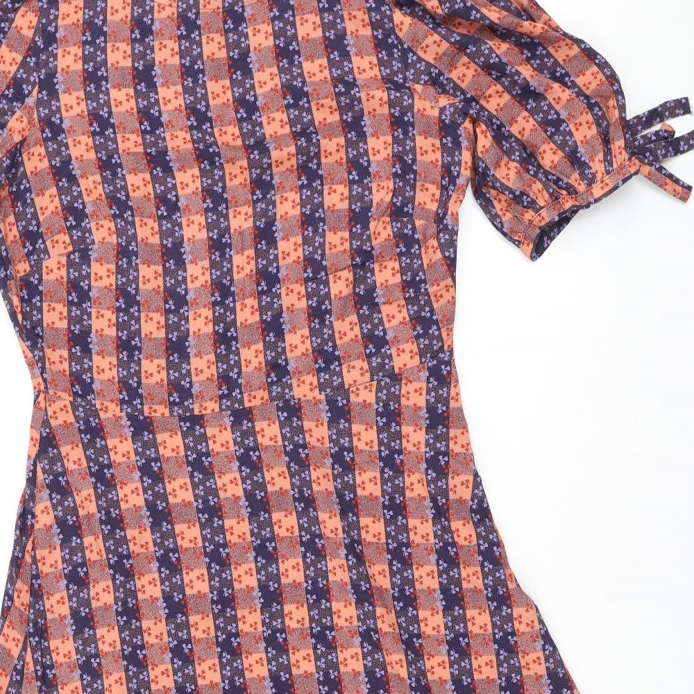 Finery Womens Orange Plaid Viscose A-Line Size 12 Round Neck Button