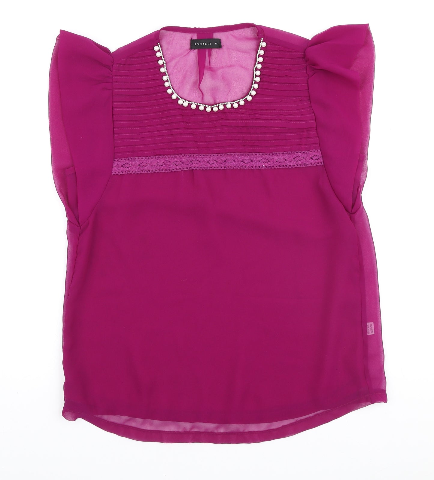 Exhibit Womens Purple Polyester Basic Blouse Size 10 Round Neck - Embellished Collar & lace