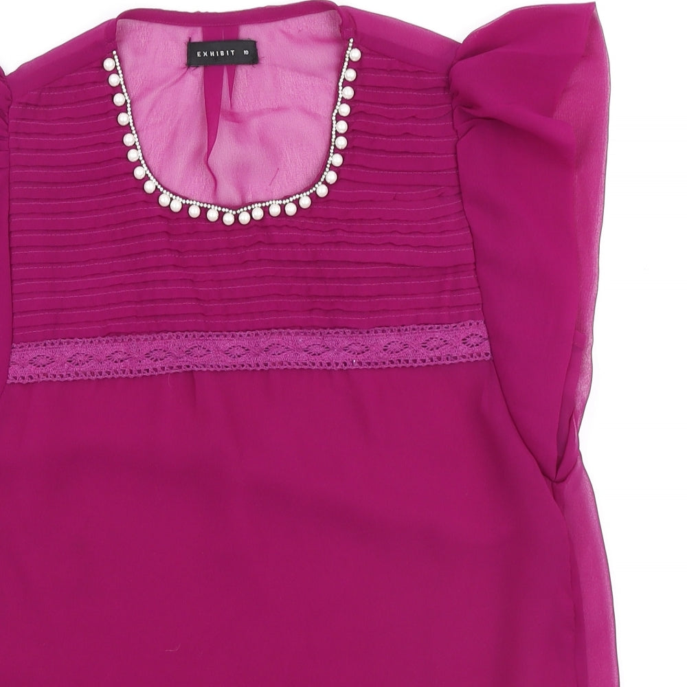 Exhibit Womens Purple Polyester Basic Blouse Size 10 Round Neck - Embellished Collar & lace