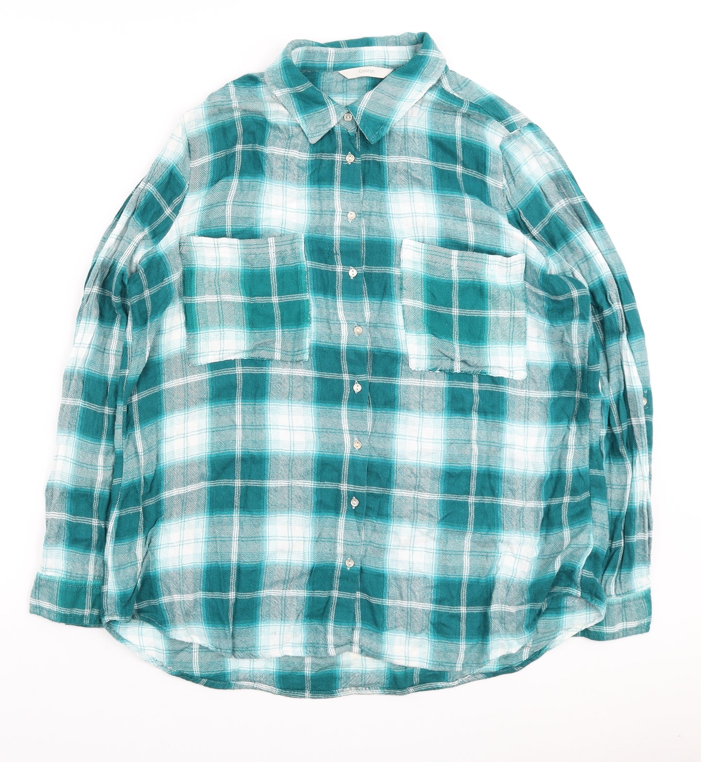 George Womens Blue Plaid Viscose Basic Button-Up Size 16 Collared