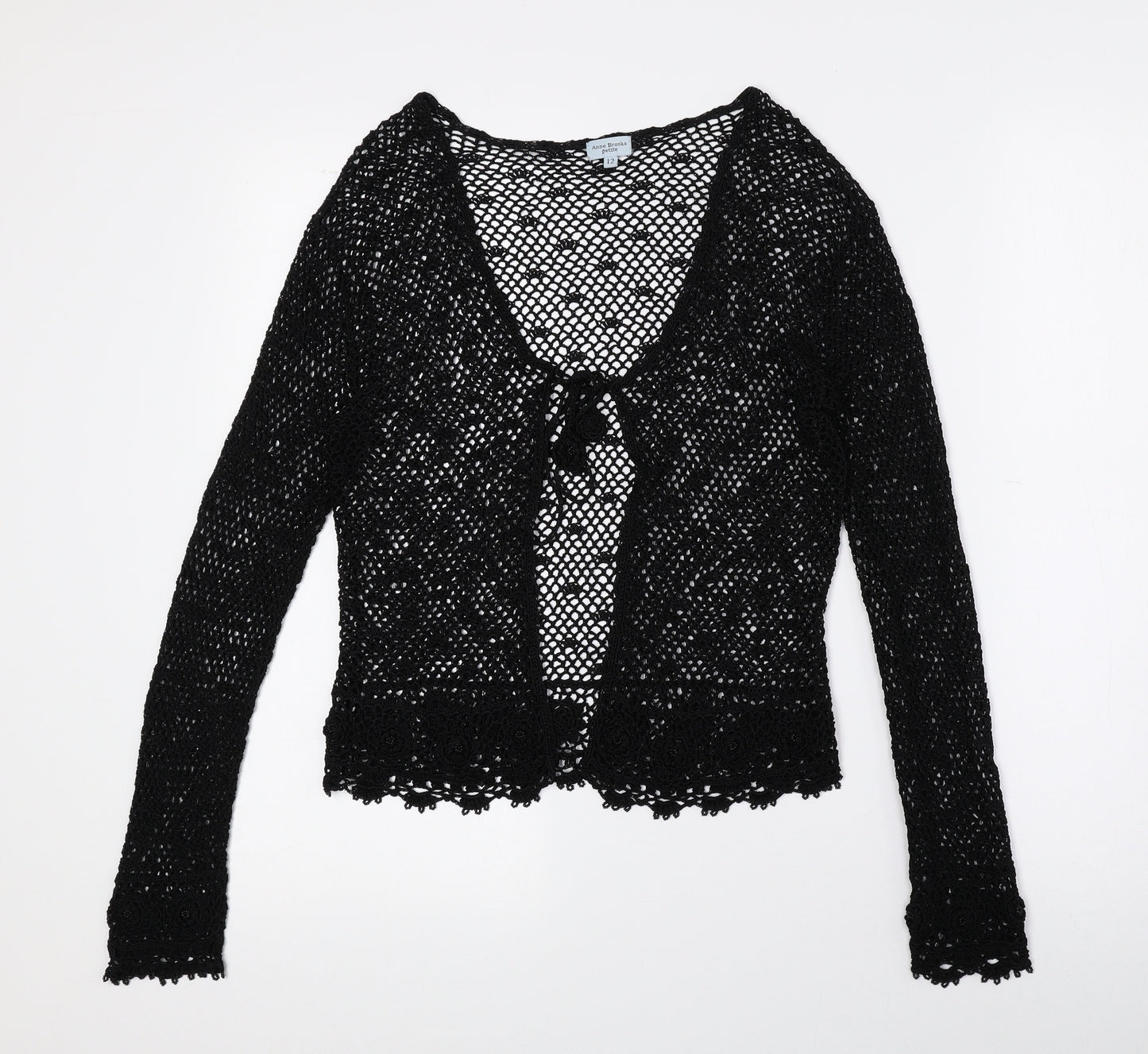 Anne Brooks Womens Black Scoop Neck Geometric Polyester Cardigan Jumper Size 12 - Petite, String Tie