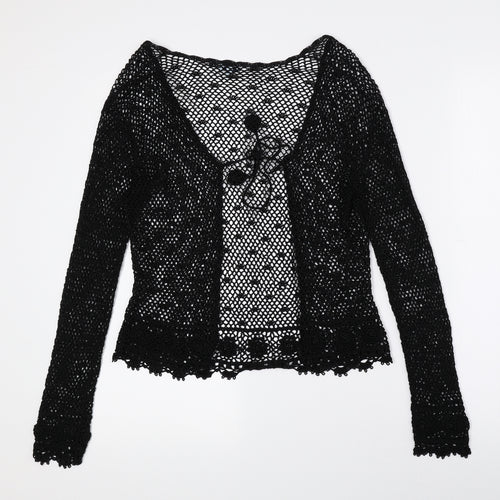 Anne Brooks Womens Black Scoop Neck Geometric Polyester Cardigan Jumper Size 12 - Petite, String Tie