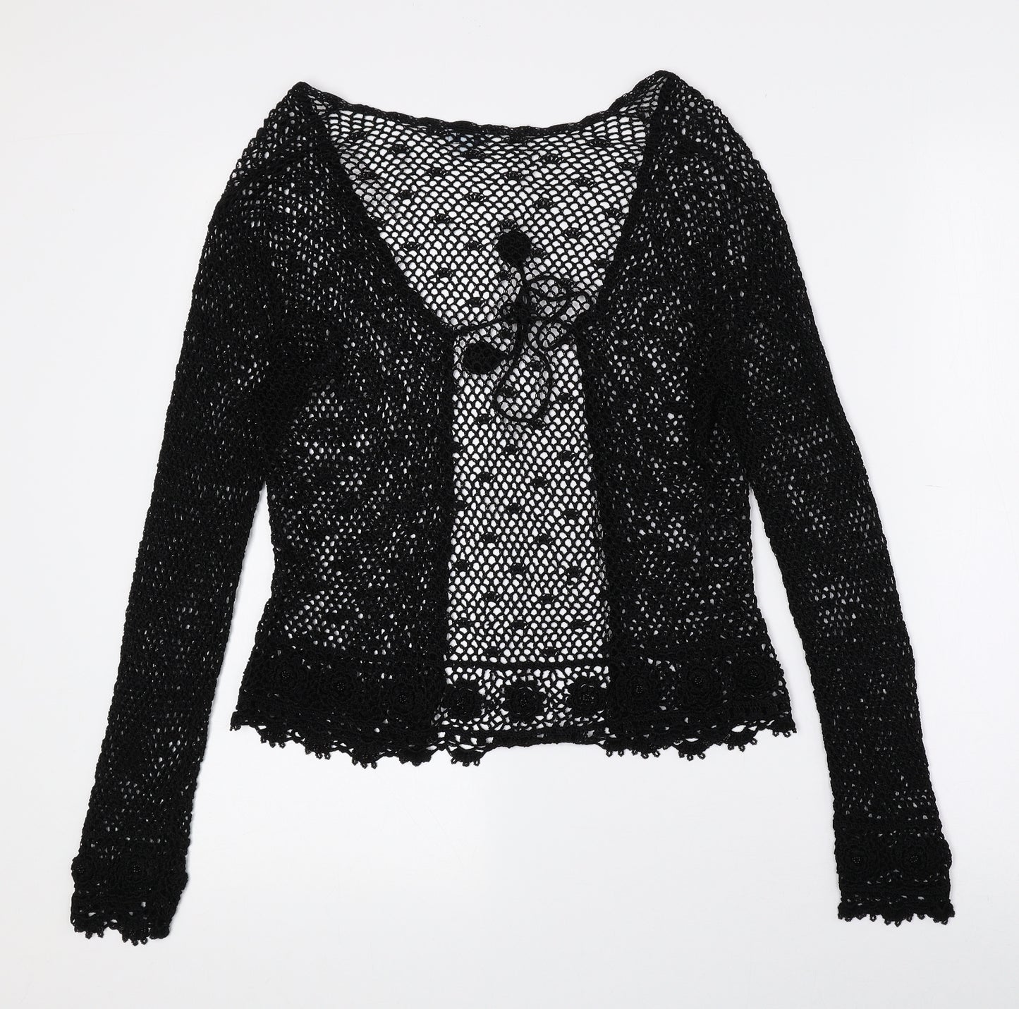 Anne Brooks Womens Black Scoop Neck Geometric Polyester Cardigan Jumper Size 12 - Petite, String Tie