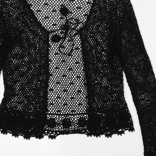 Anne Brooks Womens Black Scoop Neck Geometric Polyester Cardigan Jumper Size 12 - Petite, String Tie