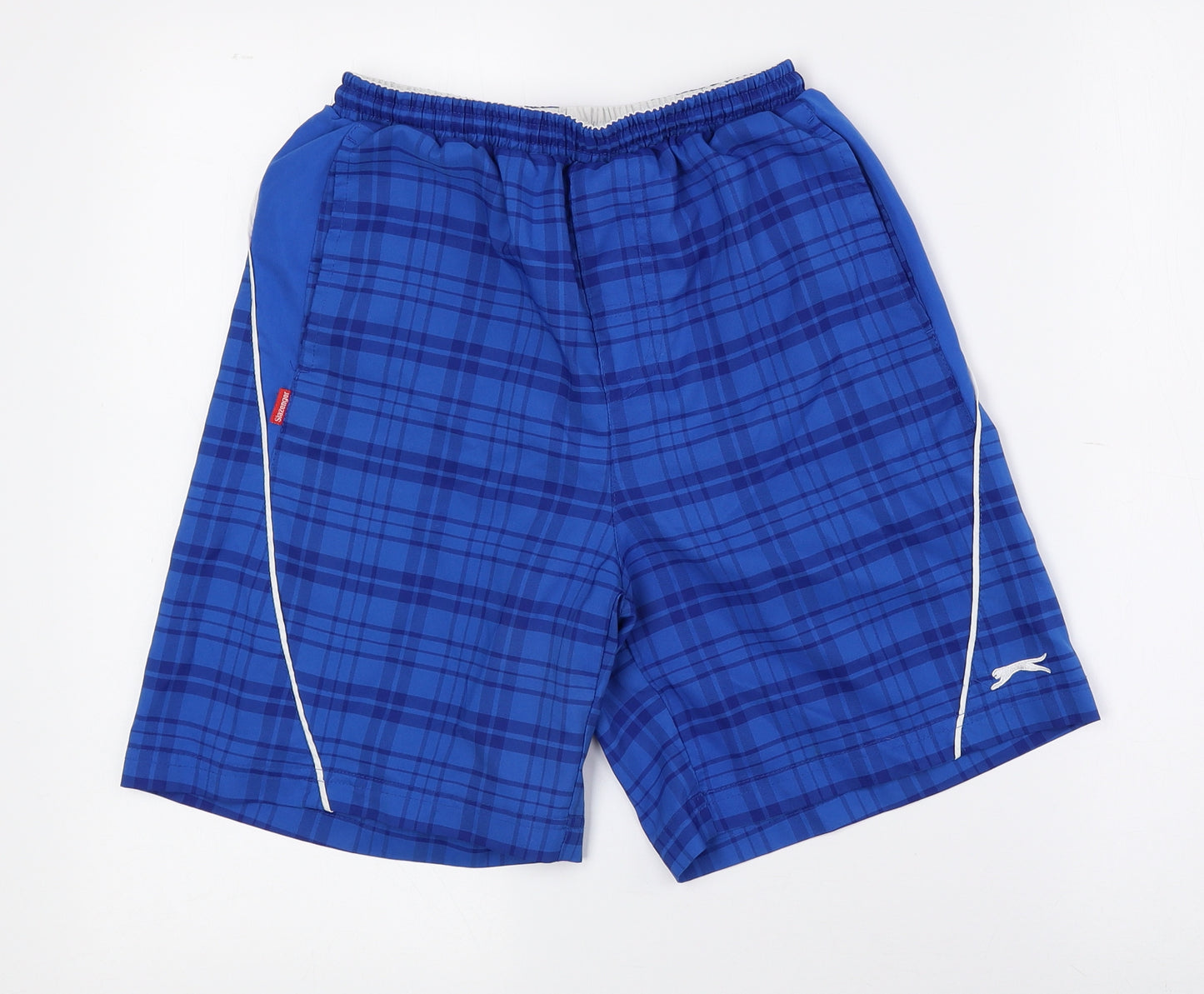 Slazenger Boys Blue Check Polyester Utility Shorts Size 11 Years Regular Drawstring - Logo print