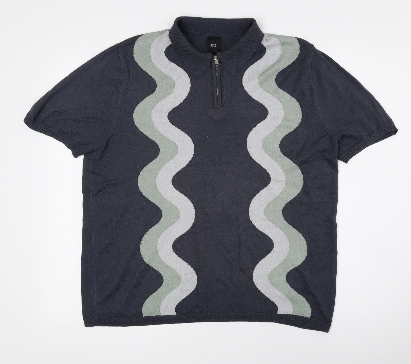 River Island Mens Multicoloured Geometric Polyester Polo Size L Collared Zip