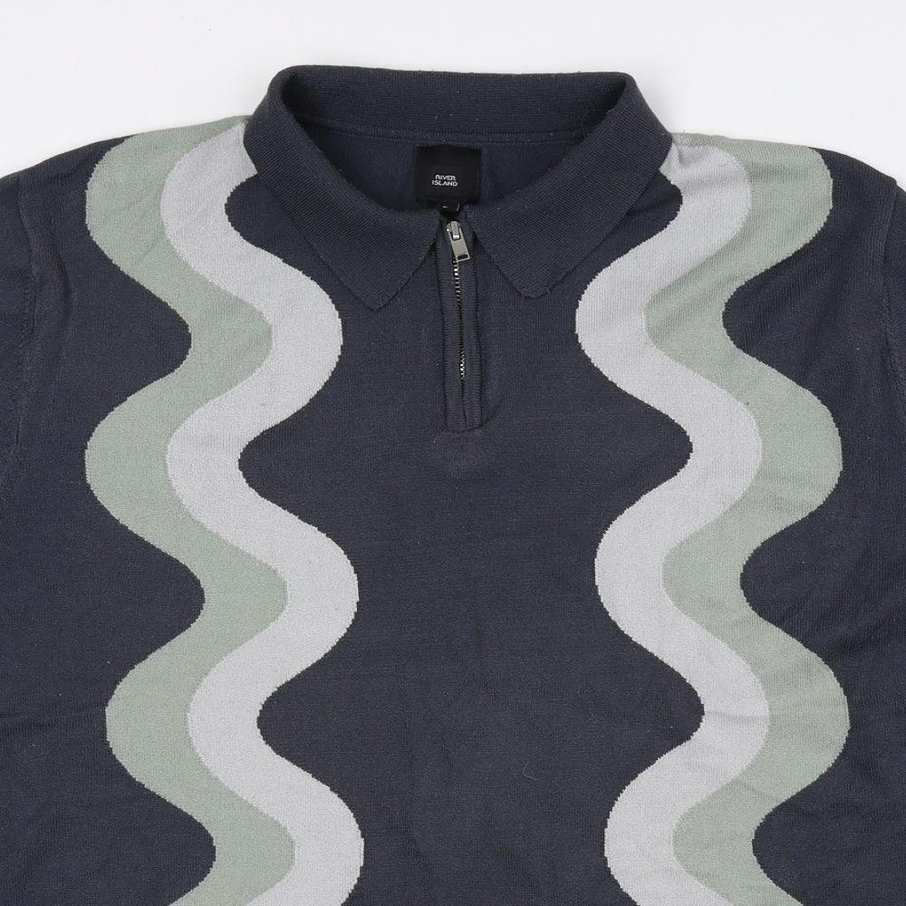 River Island Mens Multicoloured Geometric Polyester Polo Size L Collared Zip