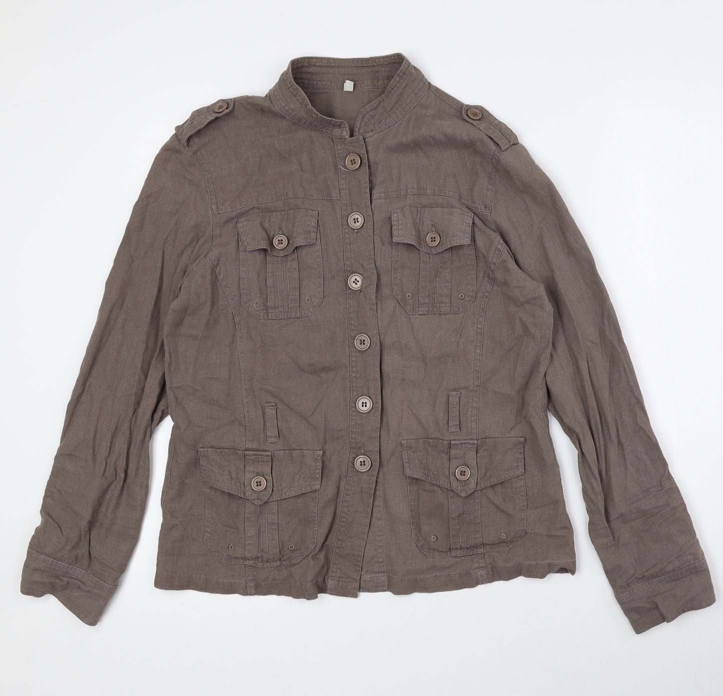 Preworn Womens Brown Linen Basic Button-Up Size 14 High Neck