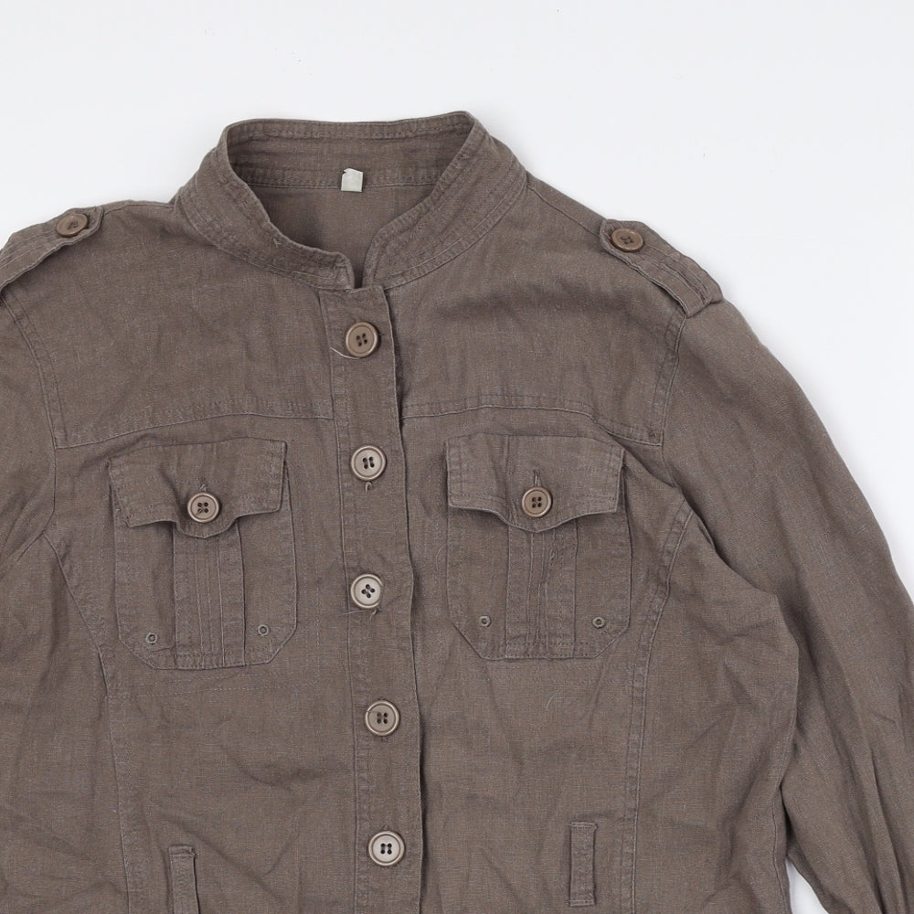 Preworn Womens Brown Linen Basic Button-Up Size 14 High Neck