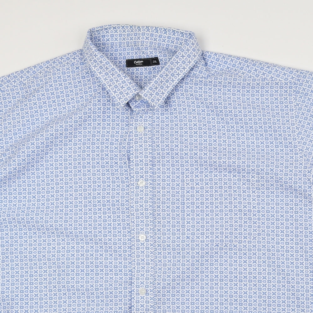 Cotton Traders Mens Blue Geometric Polyester Button-Up Size 2XL Collared Button