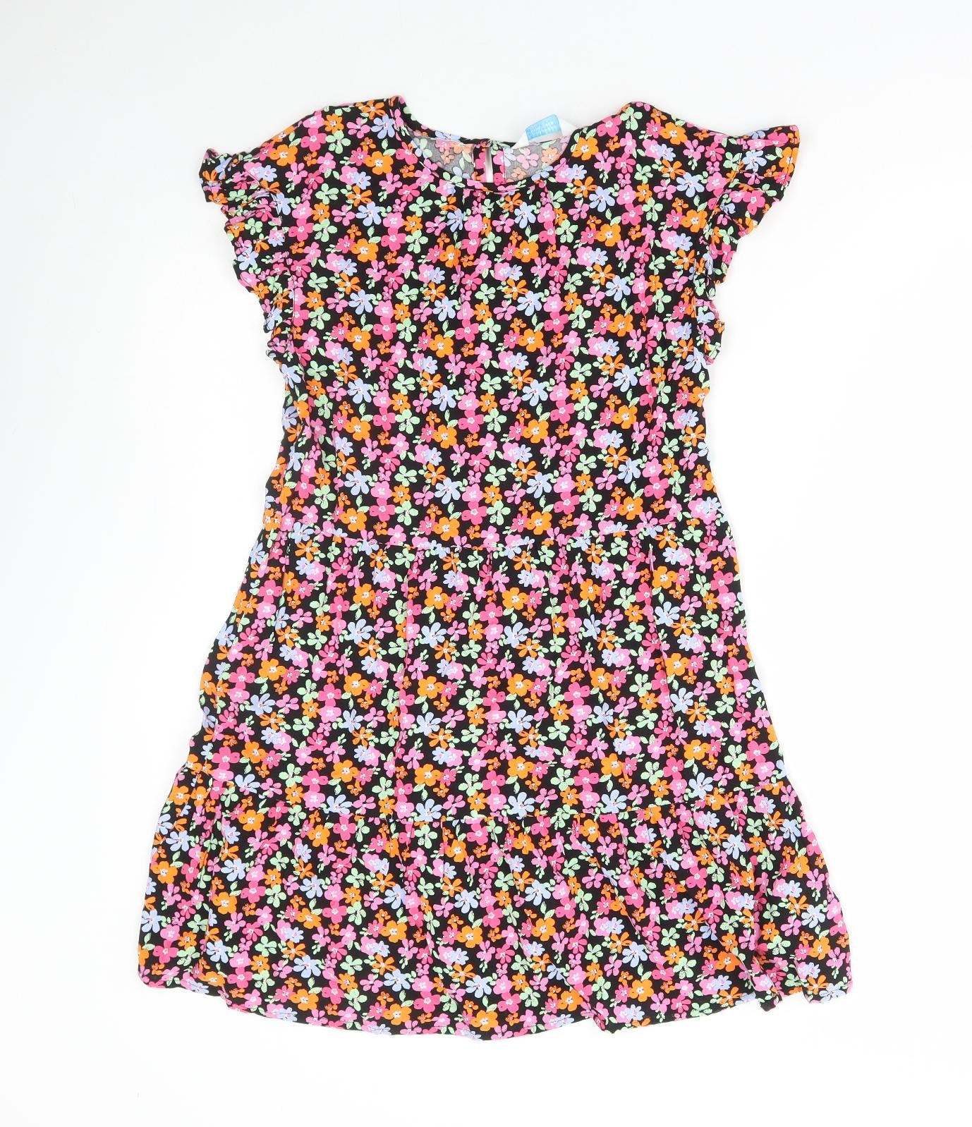 Primark Girls Multicoloured Floral Viscose Shift Size 12-13 Years Round Neck Button