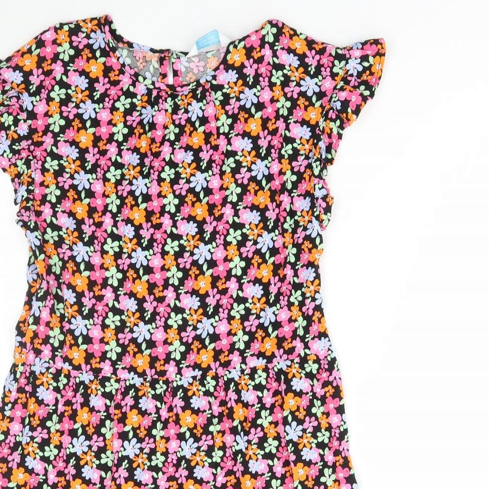 Primark Girls Multicoloured Floral Viscose Shift Size 12-13 Years Round Neck Button