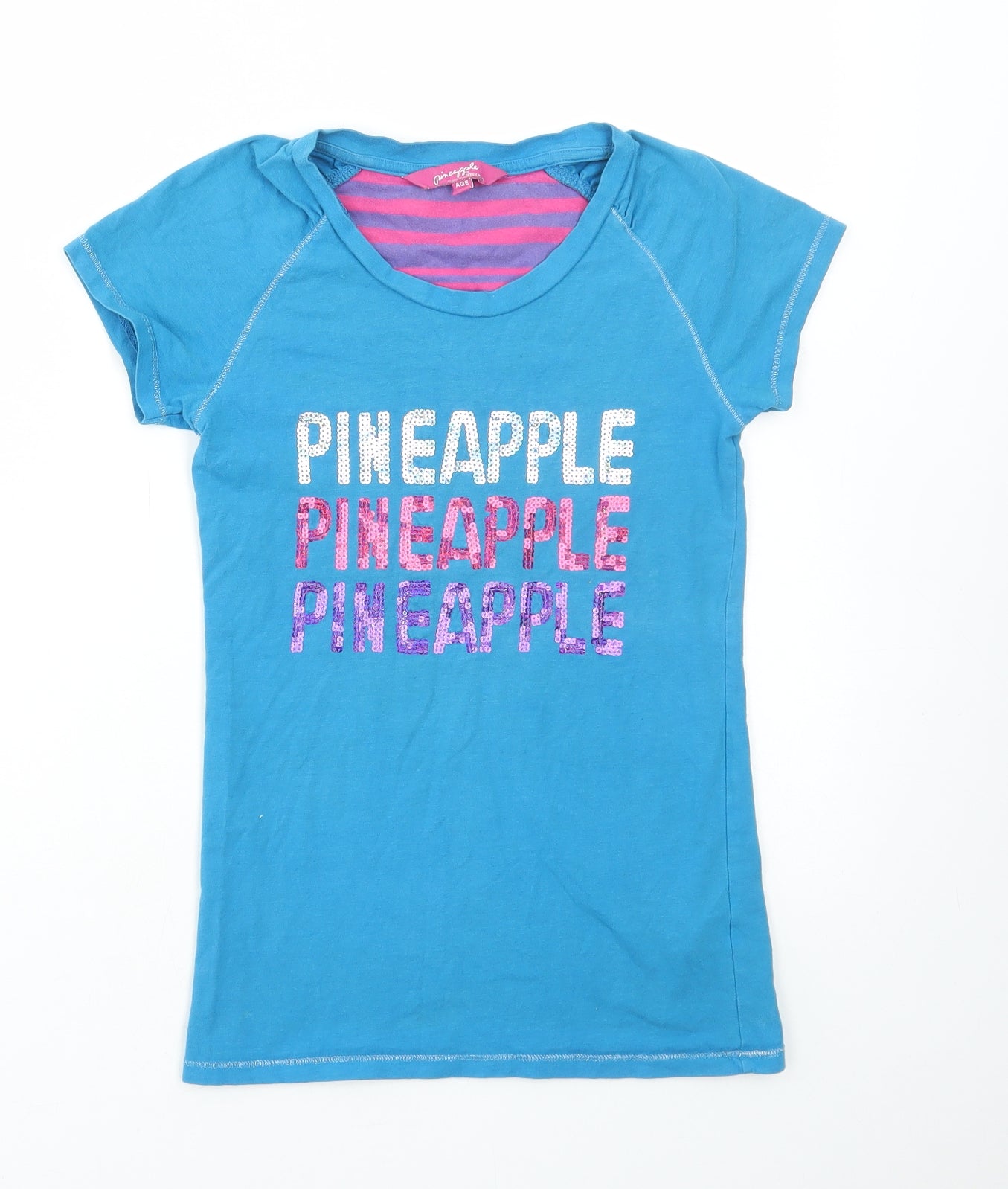 Pineapple Girls Blue Cotton Basic T-Shirt Size 11-12 Years Round Neck Pullover