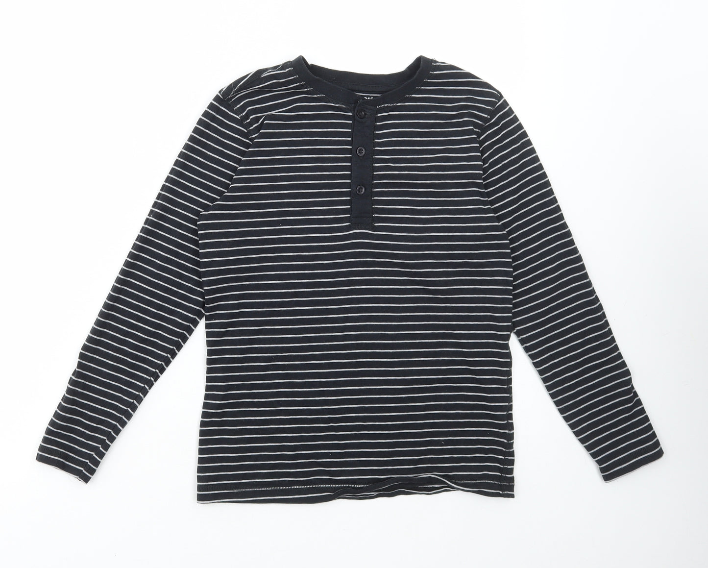 BHS Boys Black Striped Cotton Basic T-Shirt Size 10-11 Years Henley Button
