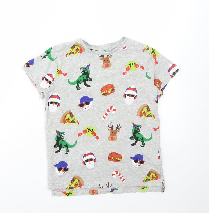 NEXT Boys Grey Geometric Cotton Basic T-Shirt Size 9 Years Round Neck Pullover - Dinosaur, Christmas