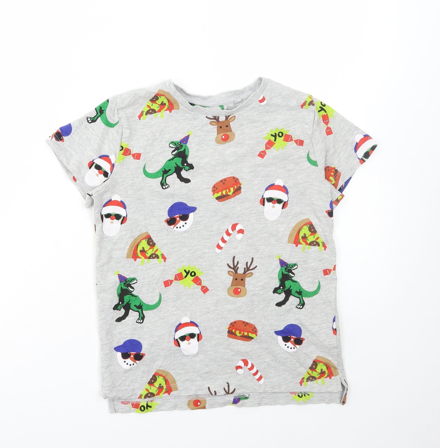 NEXT Boys Grey Geometric Cotton Basic T-Shirt Size 9 Years Round Neck Pullover - Dinosaur, Christmas