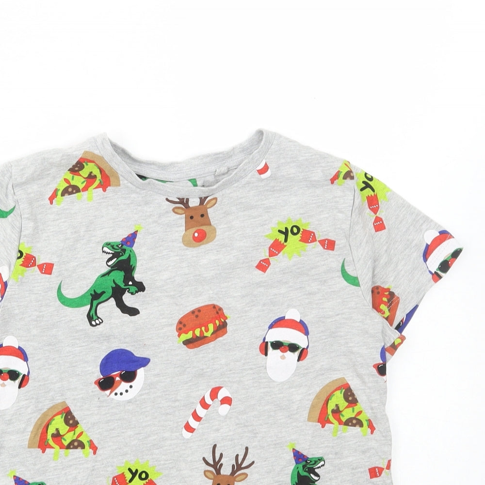 NEXT Boys Grey Geometric Cotton Basic T-Shirt Size 9 Years Round Neck Pullover - Dinosaur, Christmas