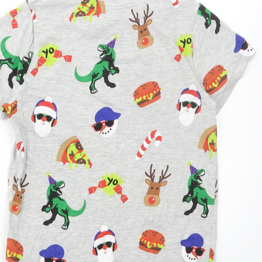NEXT Boys Grey Geometric Cotton Basic T-Shirt Size 9 Years Round Neck Pullover - Dinosaur, Christmas