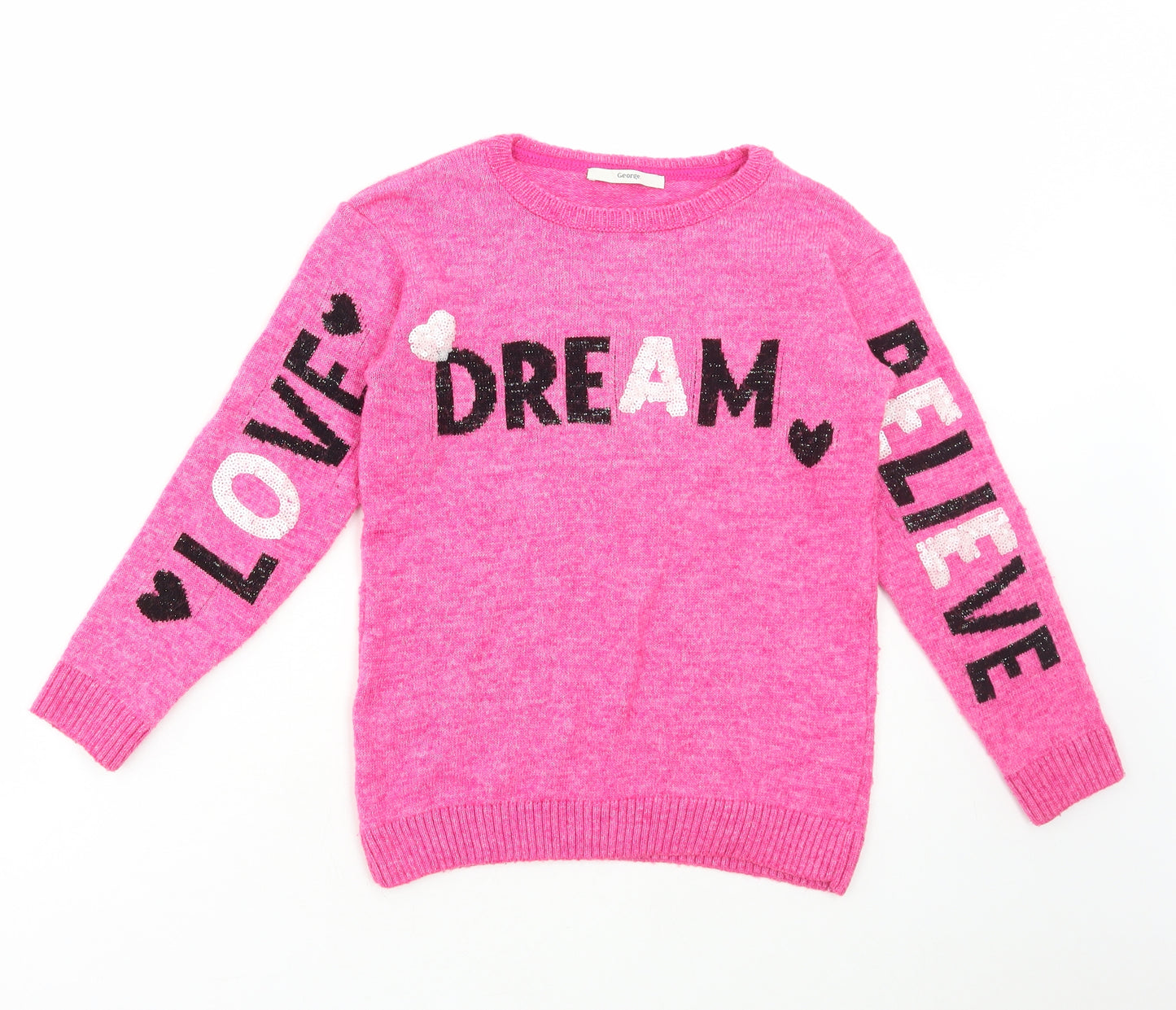 George Girls Pink Round Neck Acrylic Pullover Jumper Size 8-9 Years Pullover - Dream