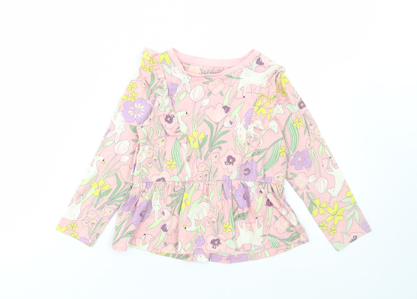 Nutmeg Girls Pink Geometric Cotton Basic T-Shirt Size 4-5 Years Round Neck Pullover - Bunny Print