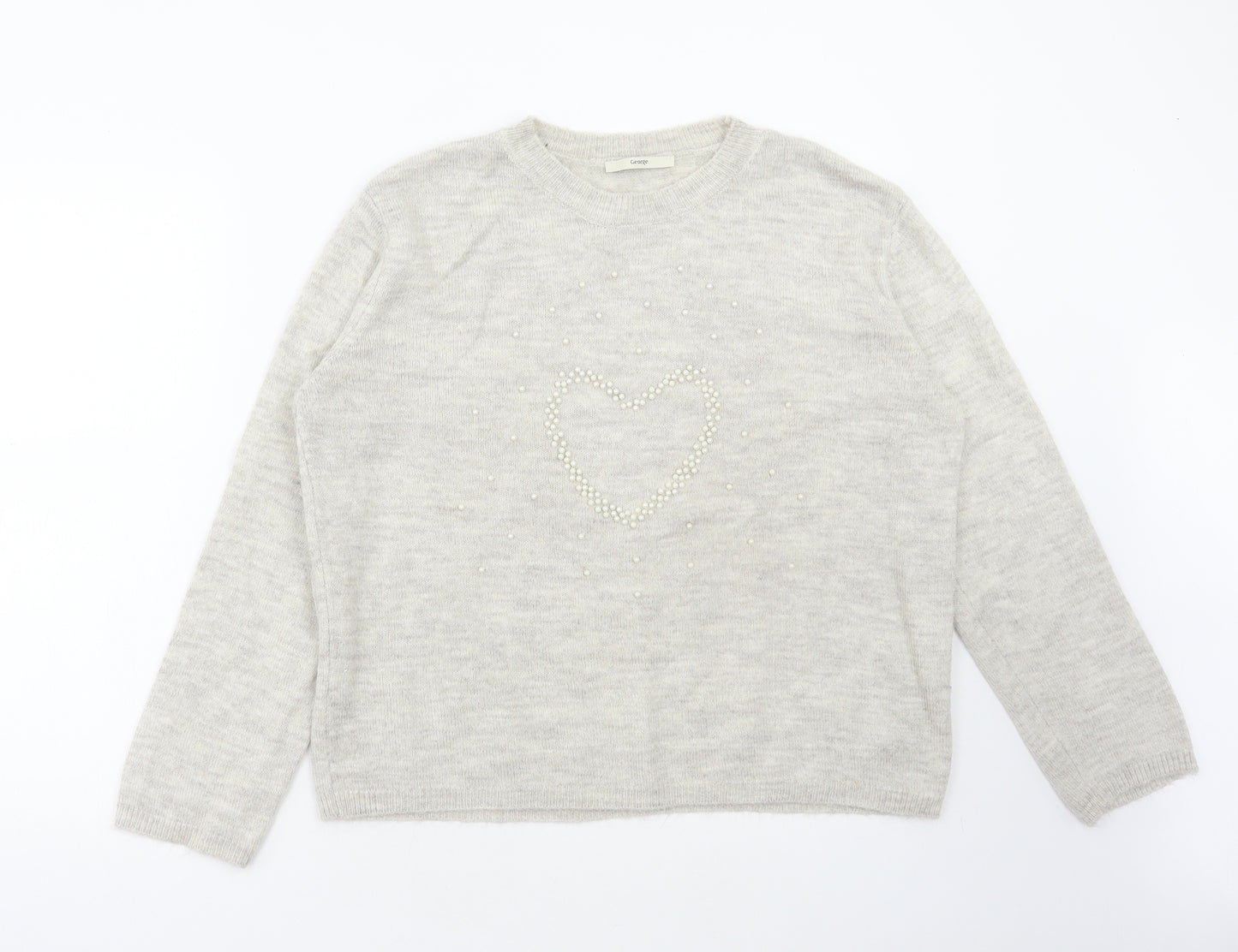 George Womens Beige Round Neck Acrylic Pullover Jumper Size M - Heart Print