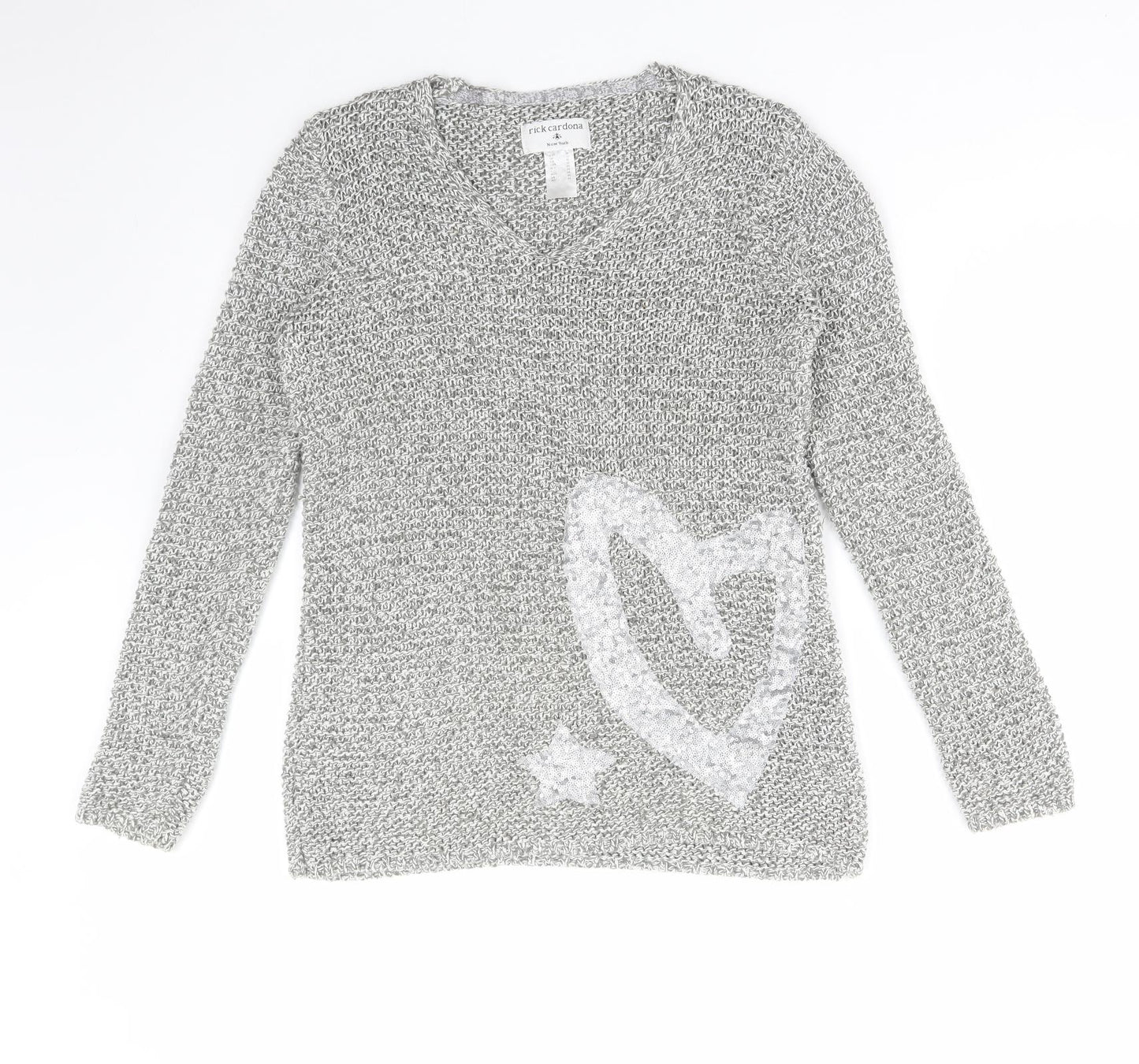 NEXT Womens Grey V-Neck Cotton Pullover Jumper Size 12 - Heart Print
