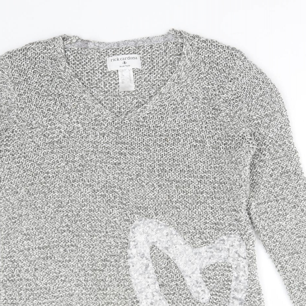 NEXT Womens Grey V-Neck Cotton Pullover Jumper Size 12 - Heart Print