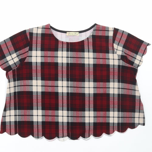 Cameo Rose Womens Red Plaid Polyester Cropped T-Shirt Size 14 Round Neck