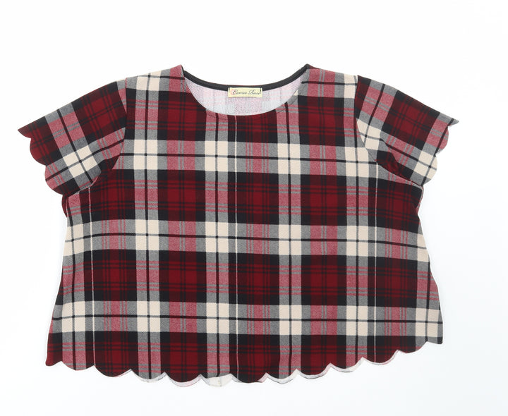 Cameo Rose Womens Red Plaid Polyester Cropped T-Shirt Size 14 Round Neck