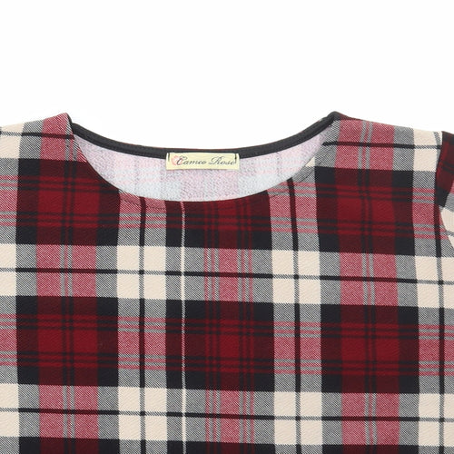 Cameo Rose Womens Red Plaid Polyester Cropped T-Shirt Size 14 Round Neck