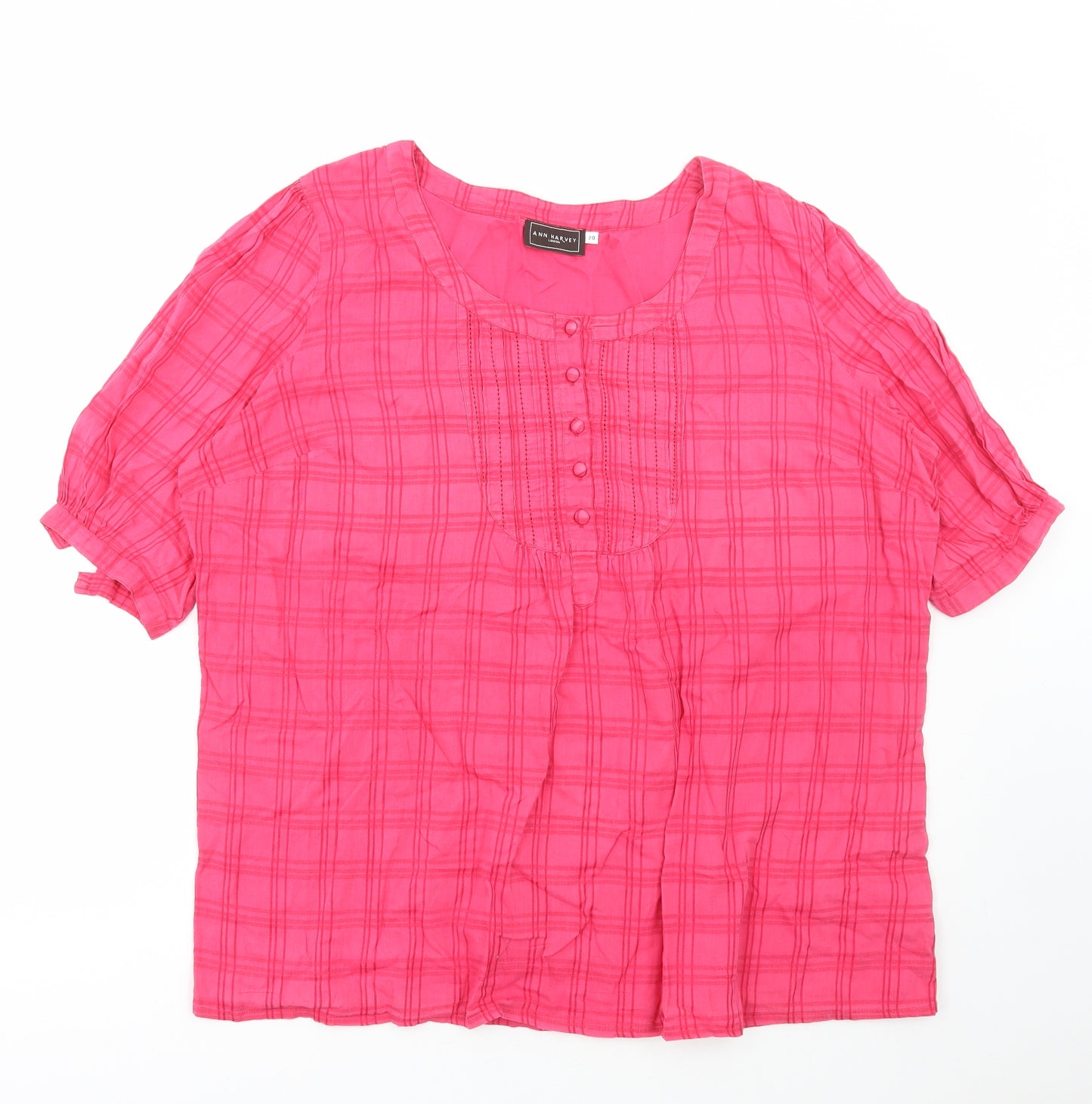 Ann Harvey Womens Pink Check Cotton Basic Blouse Size 20 Round Neck