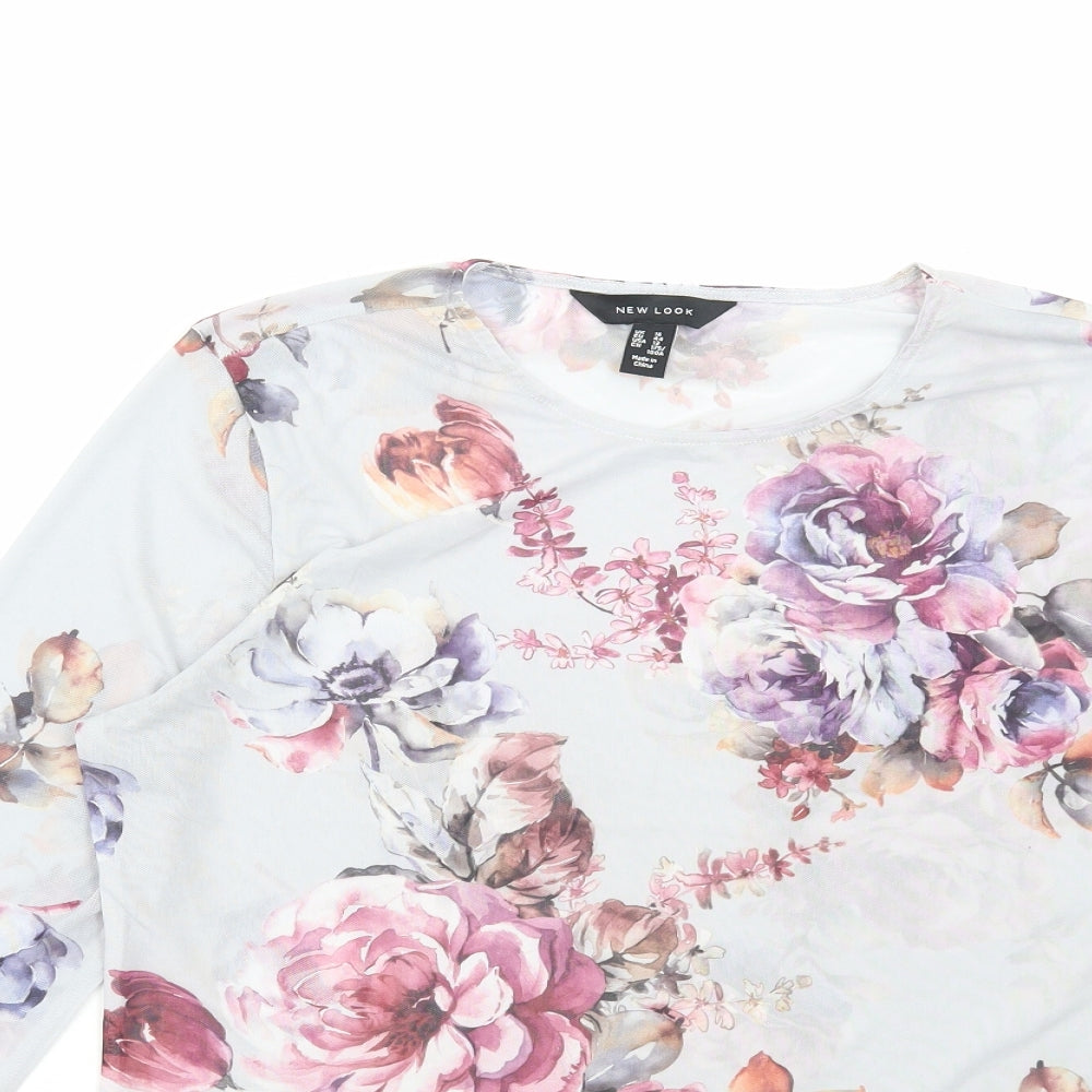 New Look Womens Grey Floral Polyester Basic T-Shirt Size 16 Round Neck