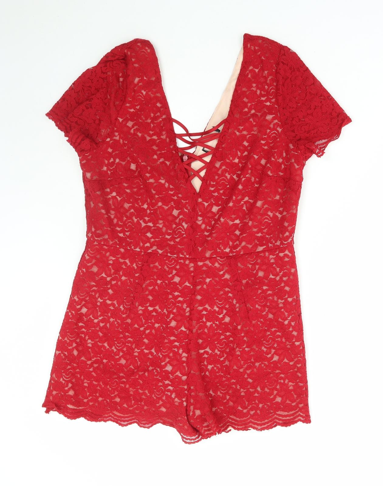New Look Womens Red Floral Nylon Playsuit One-Piece Size 16 Zip