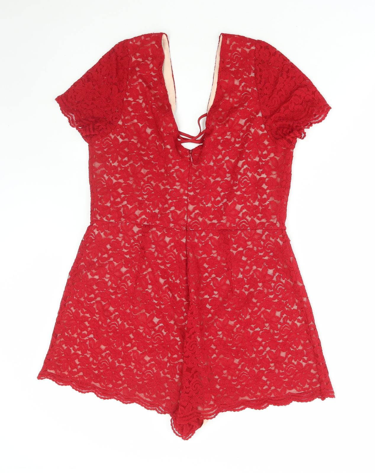 New Look Womens Red Floral Nylon Playsuit One-Piece Size 16 Zip