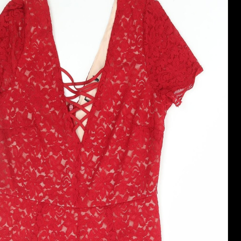 New Look Womens Red Floral Nylon Playsuit One-Piece Size 16 Zip