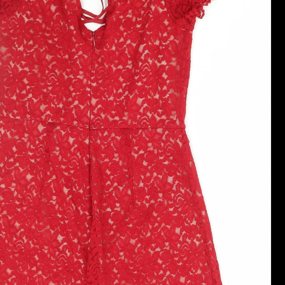 New Look Womens Red Floral Nylon Playsuit One-Piece Size 16 Zip