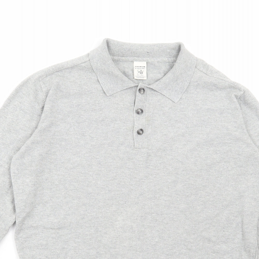 JACK & JONES Mens Grey Cotton Polo Size S Collared Button