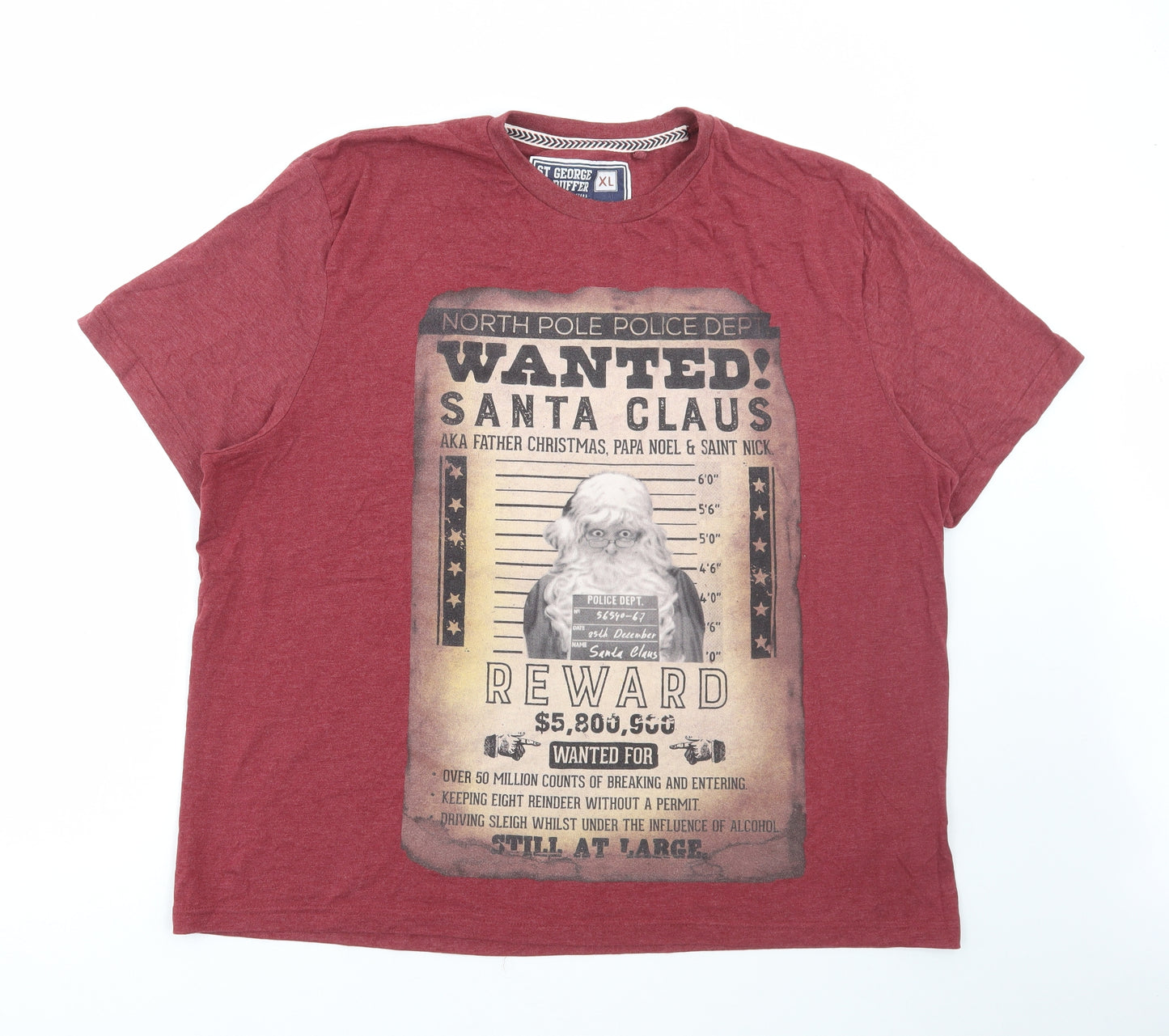 Debenhams Mens Red Cotton T-Shirt Size XL Round Neck - Christmas