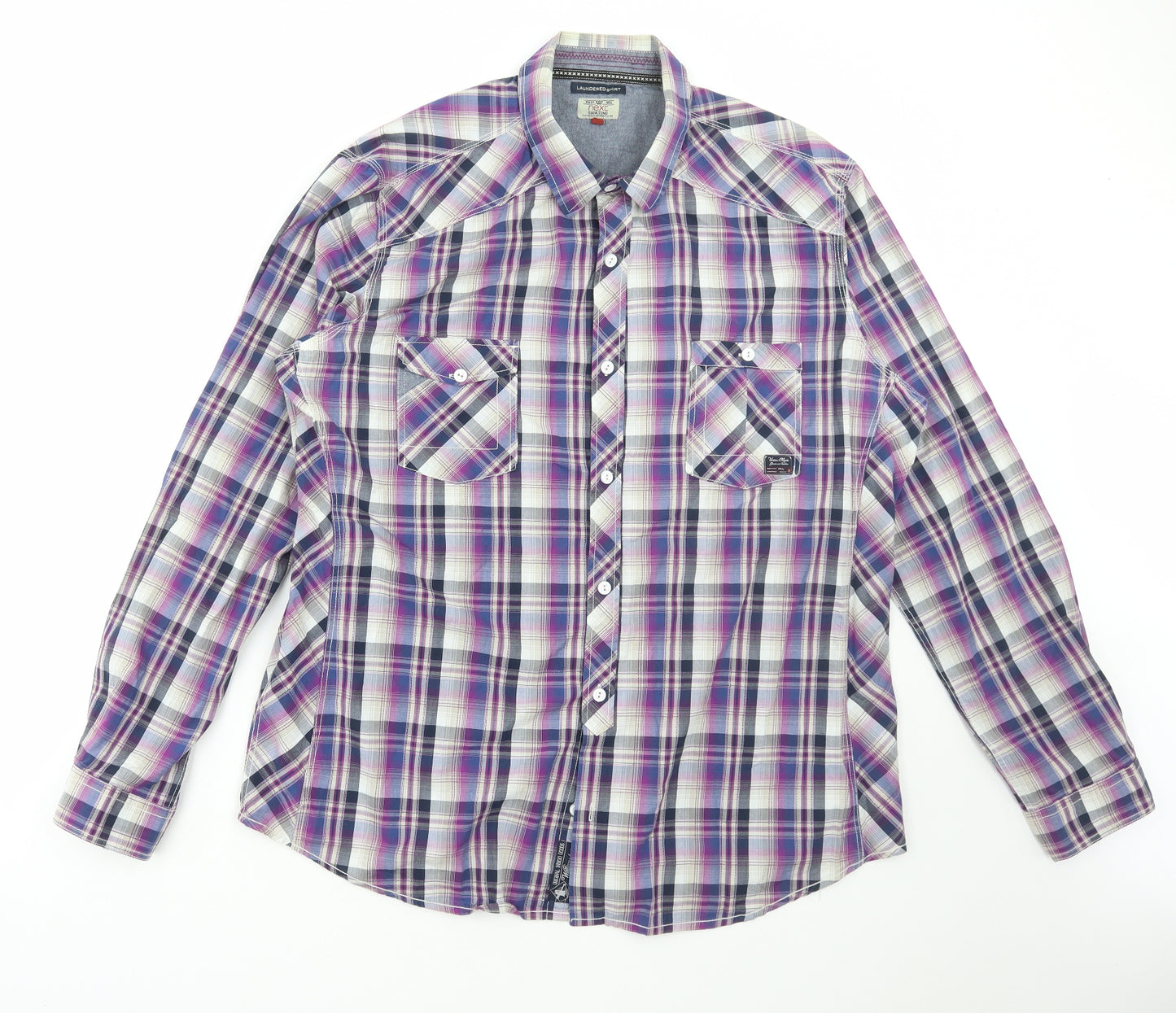 NEXT Mens Purple Check Cotton Button-Up Size 2XL Collared Button