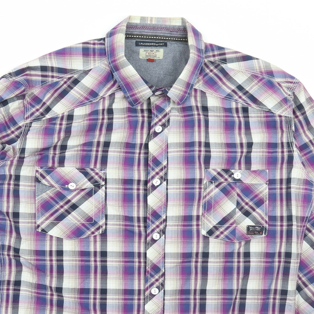 NEXT Mens Purple Check Cotton Button-Up Size 2XL Collared Button