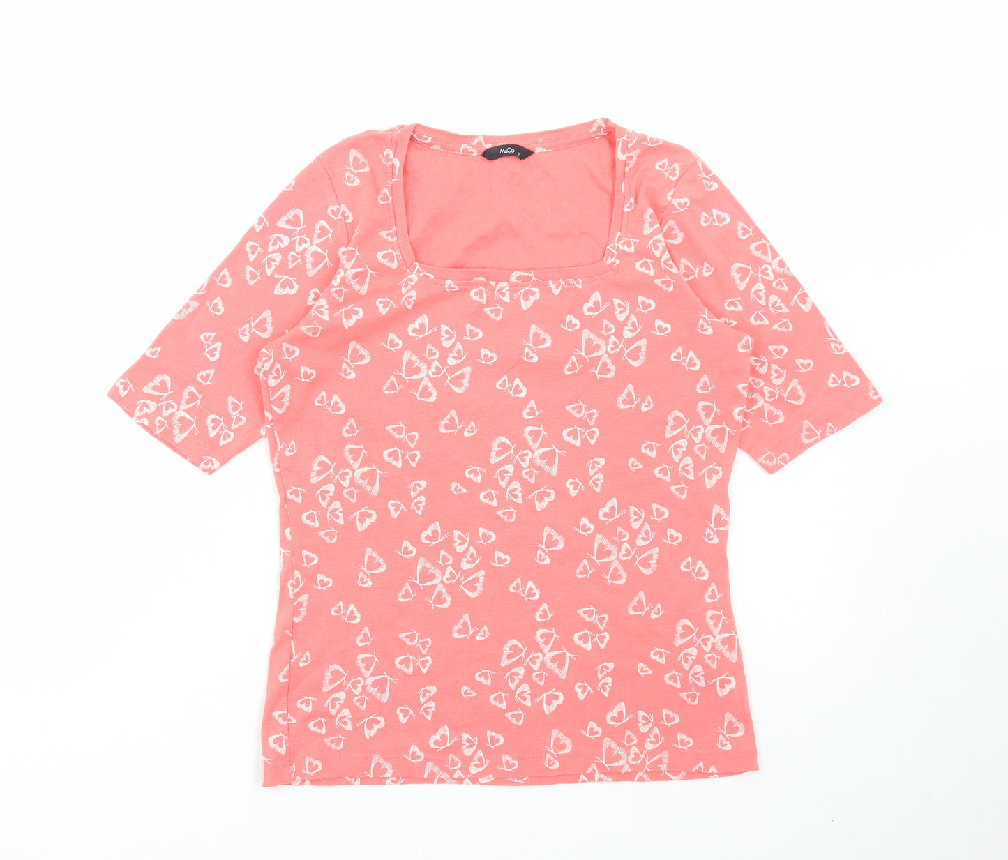 M&Co Womens Pink Geometric Cotton Basic T-Shirt Size 12 Square Neck - Butterfly Print