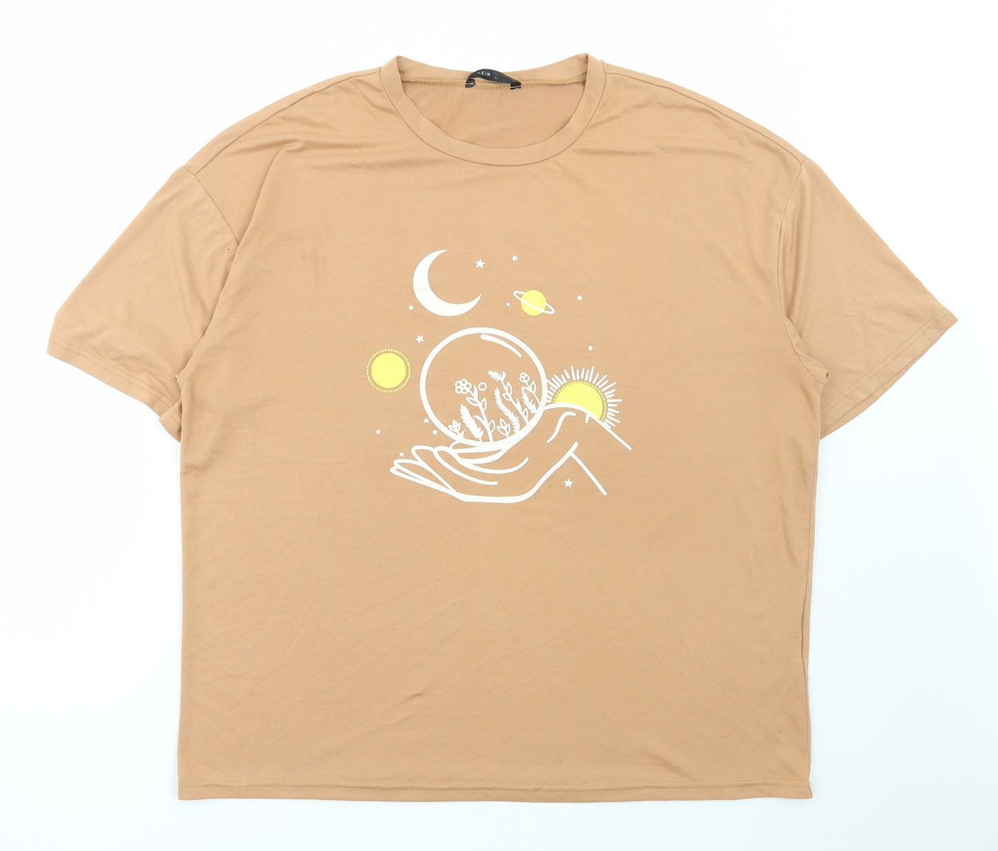 SheIn Womens Brown Polyester Basic T-Shirt Size L Round Neck - Moon and Stars