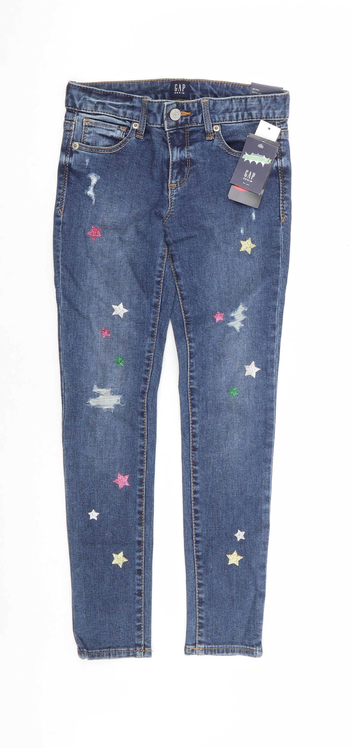 Gap Girls Blue Geometric Cotton Skinny Jeans Size 8 Years Extra-Slim Zip - Stars, Distressed