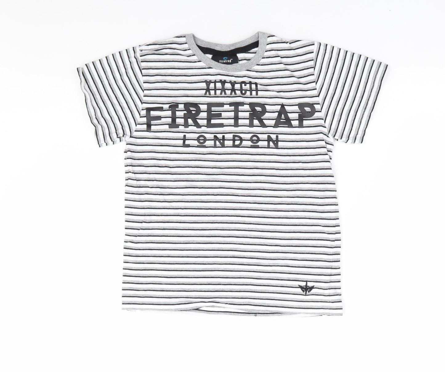 Firetrap Boys Black Striped Cotton Basic T-Shirt Size 9-10 Years Round Neck Pullover