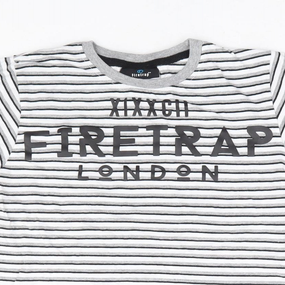 Firetrap Boys Black Striped Cotton Basic T-Shirt Size 9-10 Years Round Neck Pullover
