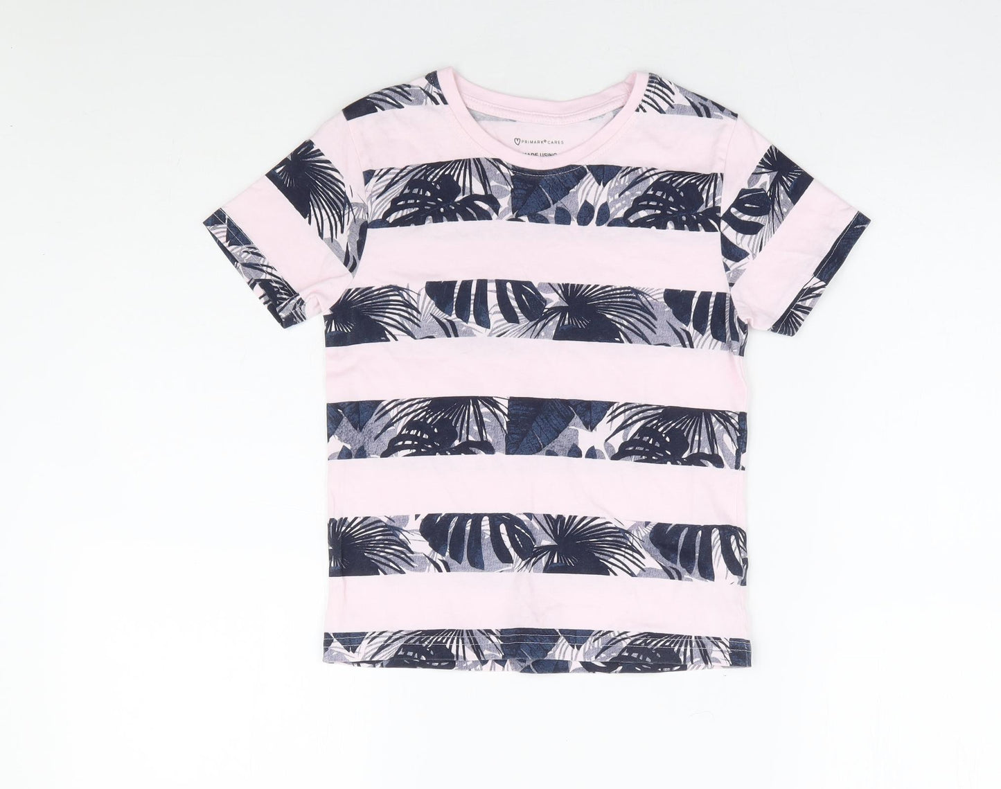Primark Boys Pink Striped 100% Cotton Basic T-Shirt Size 6-7 Years Round Neck Pullover
