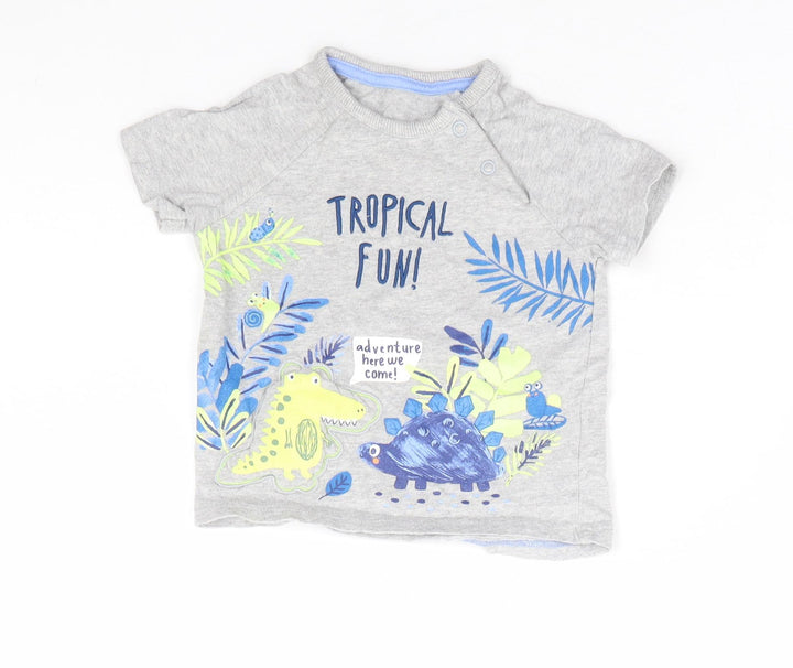 George Boys Grey 100% Cotton Basic T-Shirt Size 6-9 Months Round Neck Snap - Tropical Fun Dinosaur