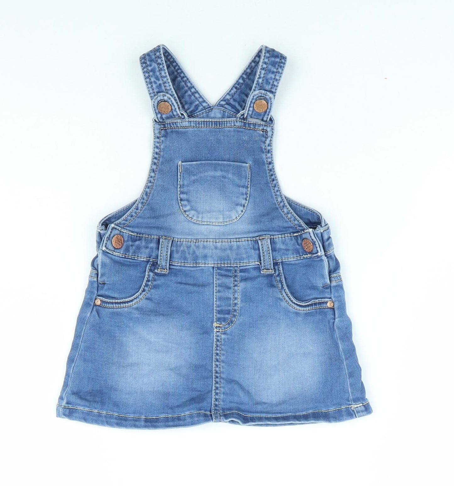 F&F Girls Blue Cotton Pinafore/Dungaree Dress Size 9-12 Months Square Neck Snap