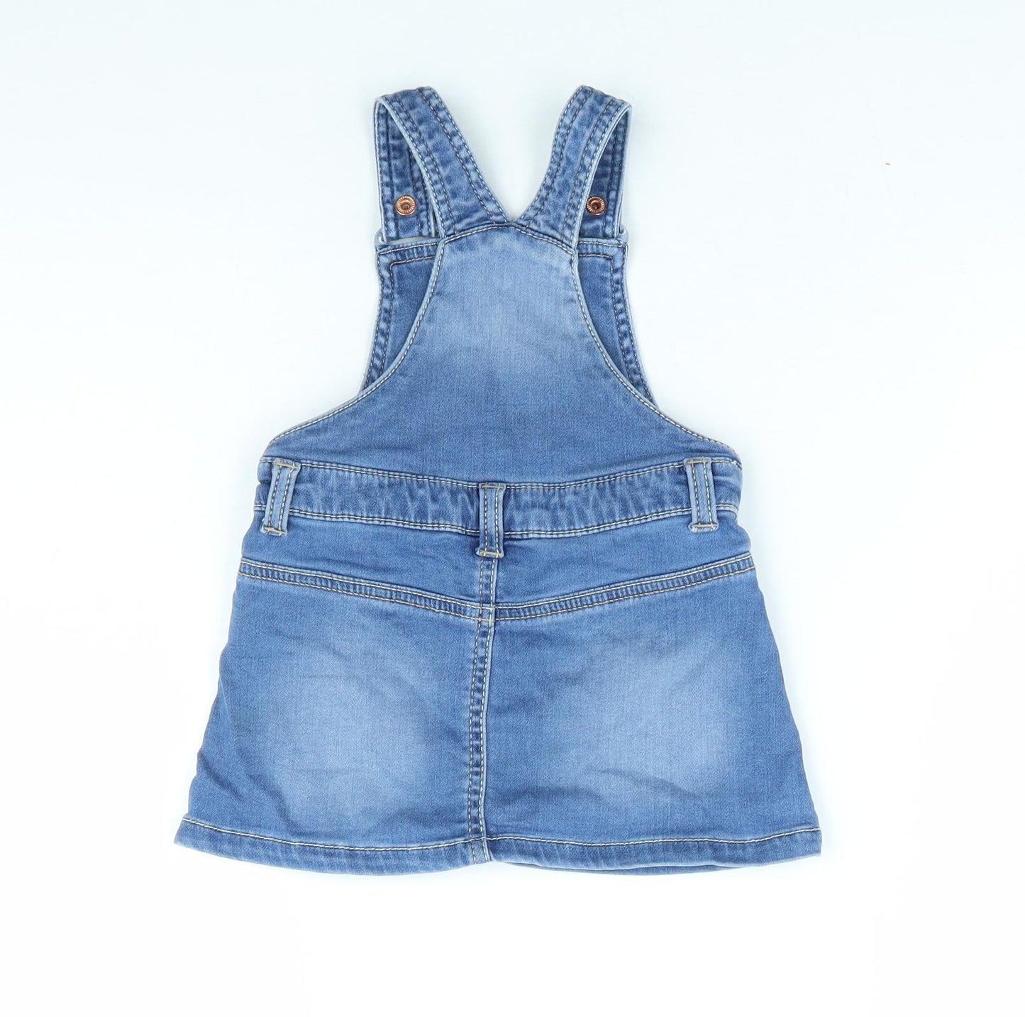 F&F Girls Blue Cotton Pinafore/Dungaree Dress Size 9-12 Months Square Neck Snap