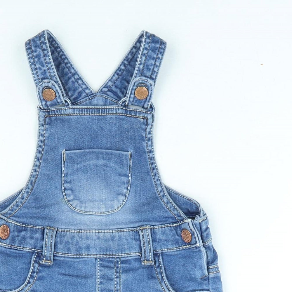 F&F Girls Blue Cotton Pinafore/Dungaree Dress Size 9-12 Months Square Neck Snap